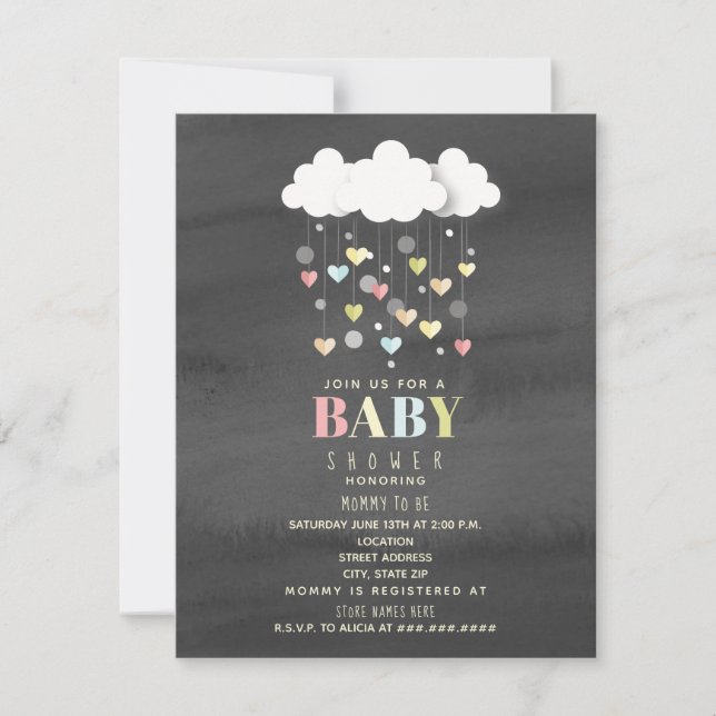 Invitation Nuages + Coeurs Aquarelle Baby shower neutre (Devant)