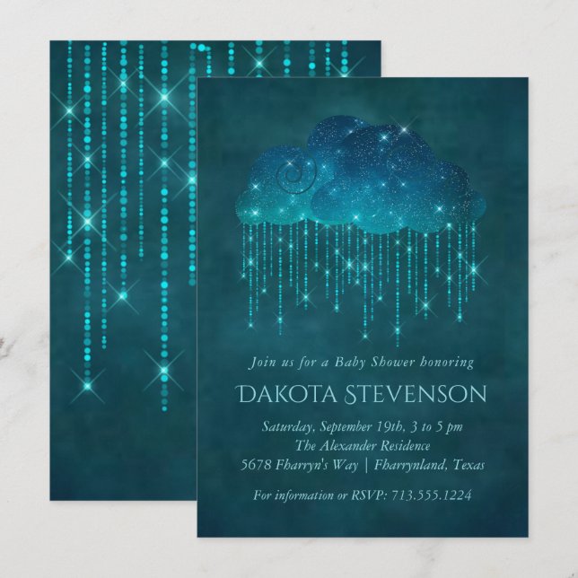 Invitation Nuages de pluie étincelants | Baby shower Turquois (Devant / Derrière)