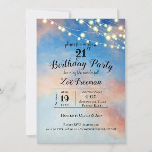 Invitation Nuages roses dans le ciel   21e anniversaire Bleu