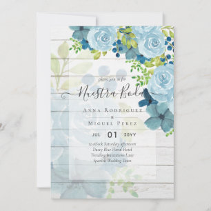 Invitation NUESTRA BODA Bleu Poussiéreux Floral Mariage Espag