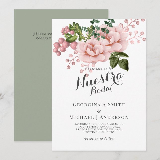 Invitation Nuestra Boda Blush Rose Roses Mariage espagnol (Devant / Derrière)