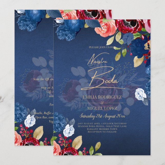 Invitation NUESTRA BODA Burgundy Blue Floral Wedding INVITE (Devant / Derrière)