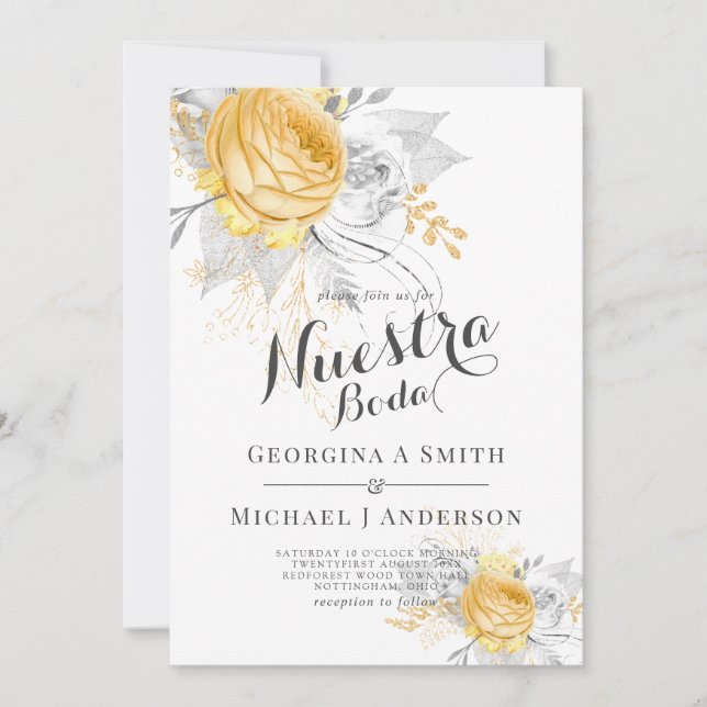 Invitation Nuestra Boda Or Roses Blanches Argent Feuille Mode (Devant)