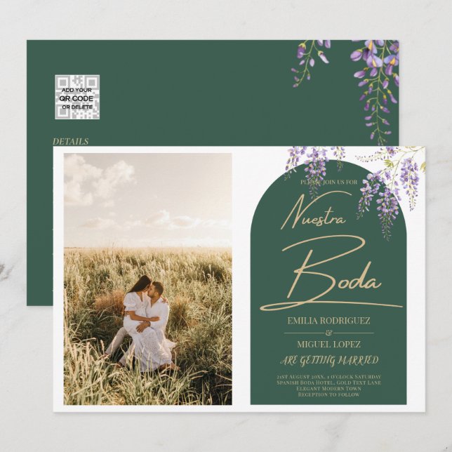 Invitation NUESTRA BODA PHOTO Wisteria Mariage espagnol Invit (Devant / Derrière)