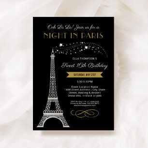 Invitation Nuit à Paris Tour Eiffel Gold Sweet 16 Anniversair