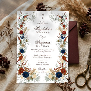 Invitation Nuit Bleue & Florales Orange Brûlée Mariage d'Auto