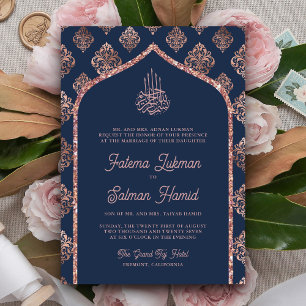 Invitation Nuit Bleue Rose Doré Damas Archée Mariage Musulman