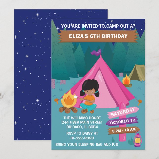 Invitation Nuit Camping Anniversaire Fête Africaine Américain (Devant / Derrière)
