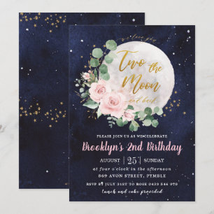 Invitation Nuit Ciel rose Floral Deux la Lune 2e Anniversaire