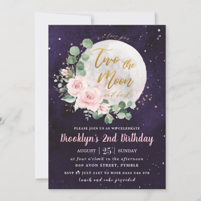 Invitation Nuit Ciel rose Floral Deux la Lune 2e Anniversaire (Devant)