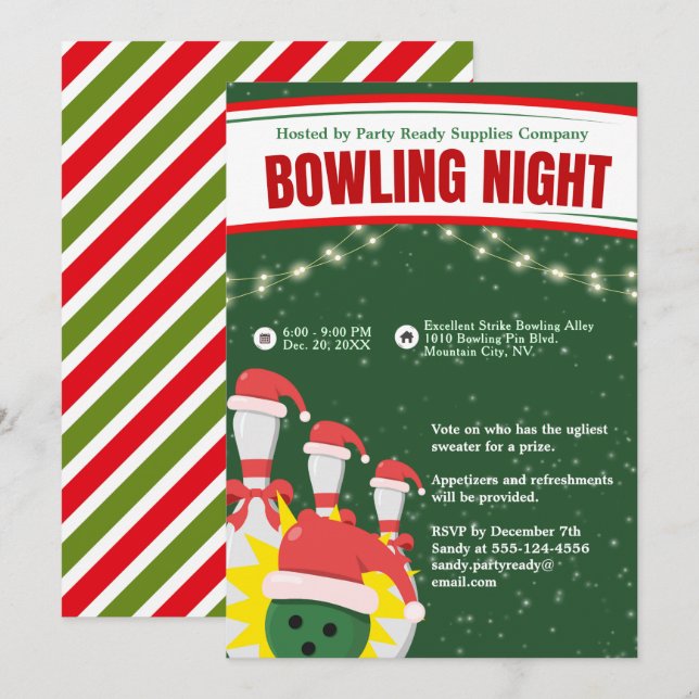 Invitation Nuit de bowling de Noël Chapeaux verts Arrière - p (Devant / Derrière)