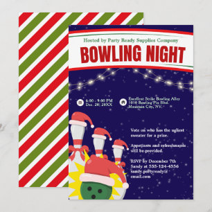 Invitation Nuit de bowling de vacances Santa Hats Arrière - p