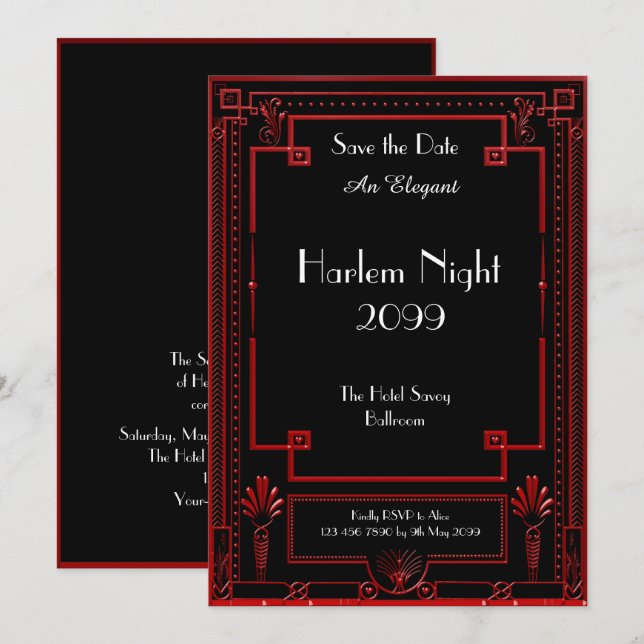 Invitation Nuit de HARLEM, noir, ROUGE, blanc, géométrique, (Devant / Derrière)