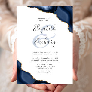 Invitation Nuit de noces blanche aux coins d'agate bleu marin