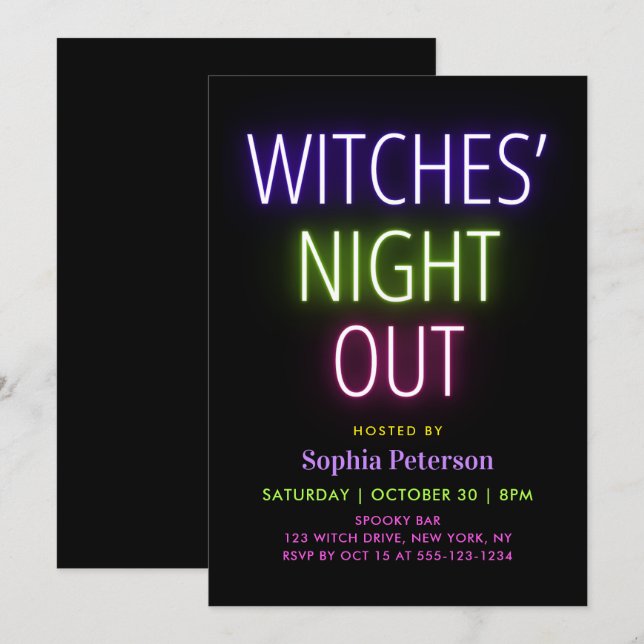 Invitation Nuit des sorcières à Neon pour la fête d'Halloween (Devant / Derrière)