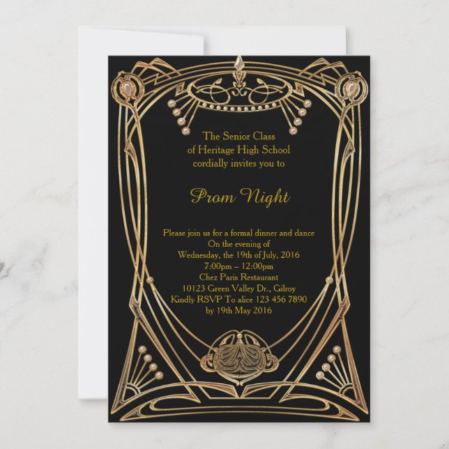 Invitation Nuit du bal de fin d'année, or riche, grand Gatsby (Devant)