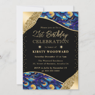 Invitation Nuit étoilée bleue et jaune 21e anniversaire