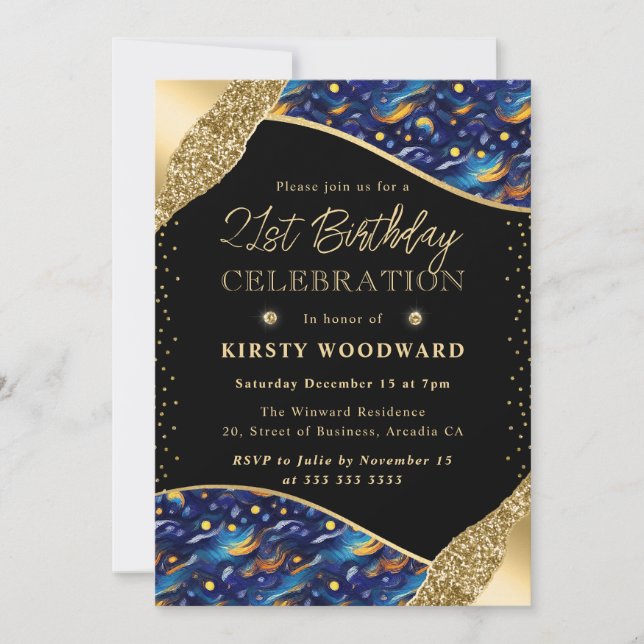 Invitation Nuit étoilée bleue et jaune 21e anniversaire (Devant)
