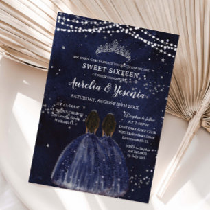 Invitation Nuit étoilée Navy Blue Sweet 16 Jumelles Filles br