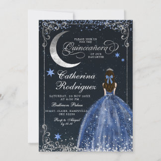 Invitation Nuit étoilée Quinceanera argent et bleu foncé