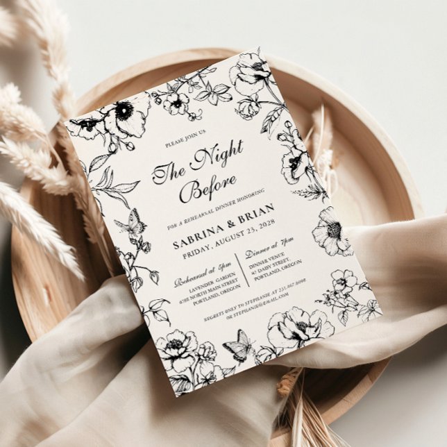Invitation Nuit Florale Noir Blanc Avant Le Dîner De La Répét (Créateur téléchargé)