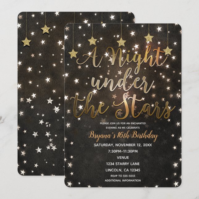 Invitation Nuit Noire & Or Sous les étoiles Sweet 16 (Devant / Derrière)