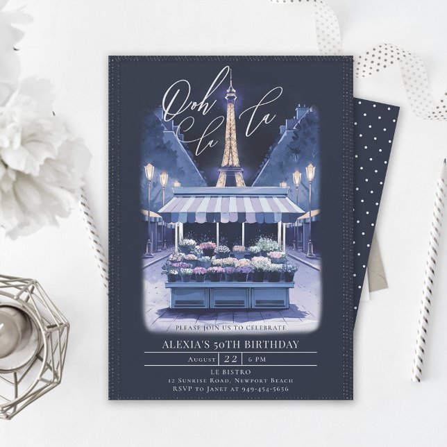 Invitation Nuit Paris Eiffel Aquarelle florale 50e anniversai (paris theme parisian night 50th birthday party invitation flower stand eiffel tower watercolor)