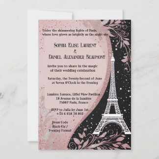 Invitation Nuit Parisienne Rose Pâle Argent Mariage Romantiqu