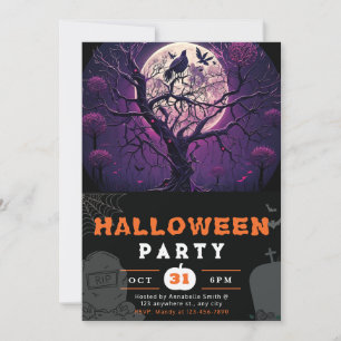 Invitation Nuit Violette Pleine Lune Oiseau Noir Halloween No