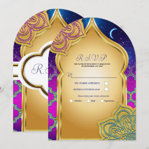 Invitation Nuits arabes de lune bleue Glam or violet RSVP