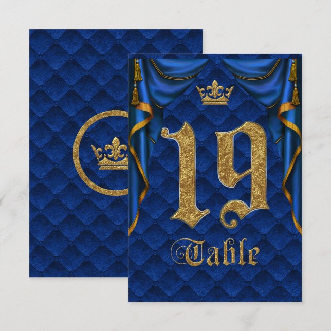 Invitation Numéro 19 de Table de Mariage Couronne d'Or Bleu R (Devant / Derrière)