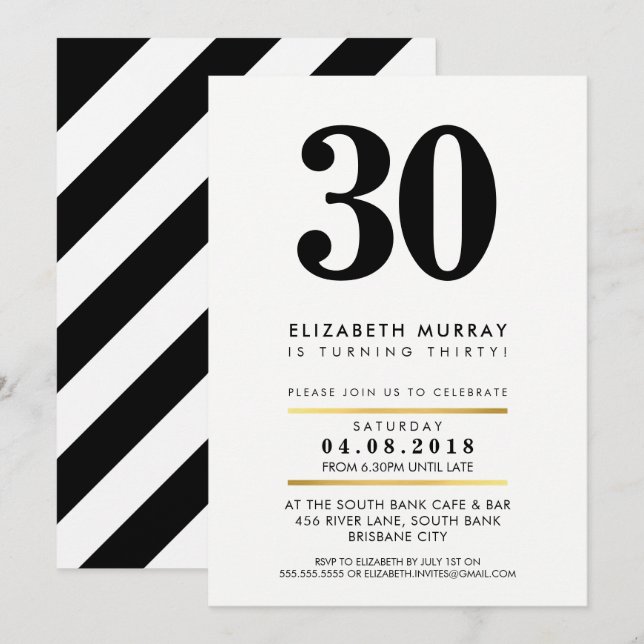 Invitation NUMÉRO D'ÂGE LIBRE minimum noir blanc 30E INVITATI (Devant / Derrière)