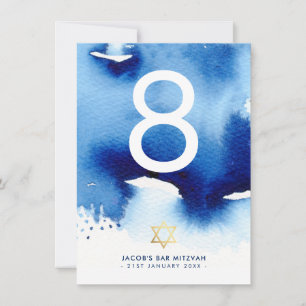 Invitation NUMÉRO DE TABLEAU Barre étoile d'or Mitzvah aquare