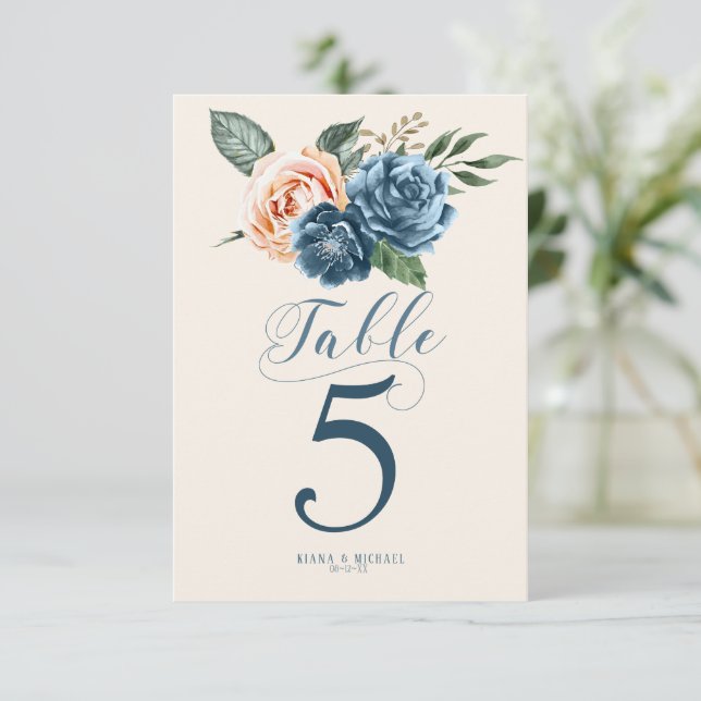 Invitation Numéro de tableau du Mariage bleu/pêche rose ID584 (Debout devant)