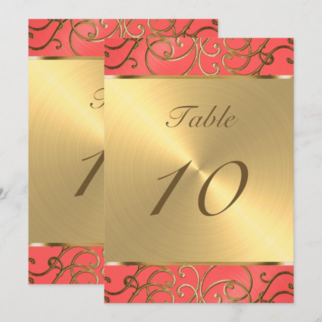 Invitation Numéro de tableau Élégant Corail et Gold Filigree (Devant / Derrière)