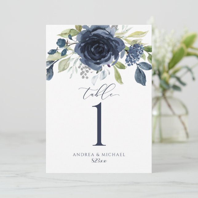 Invitation Numéro de tableau mariage Aquarelle bleu marine Fl (Debout devant)