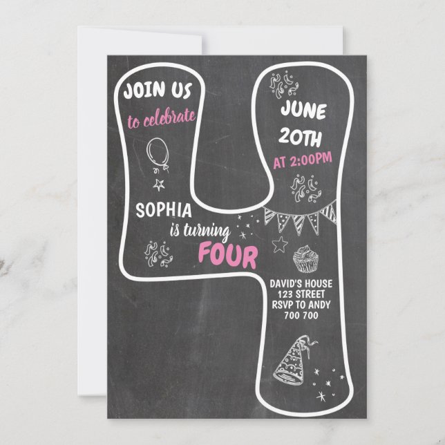 Invitation Numéro de tableau rose pour la fille de 4e anniver (Devant)