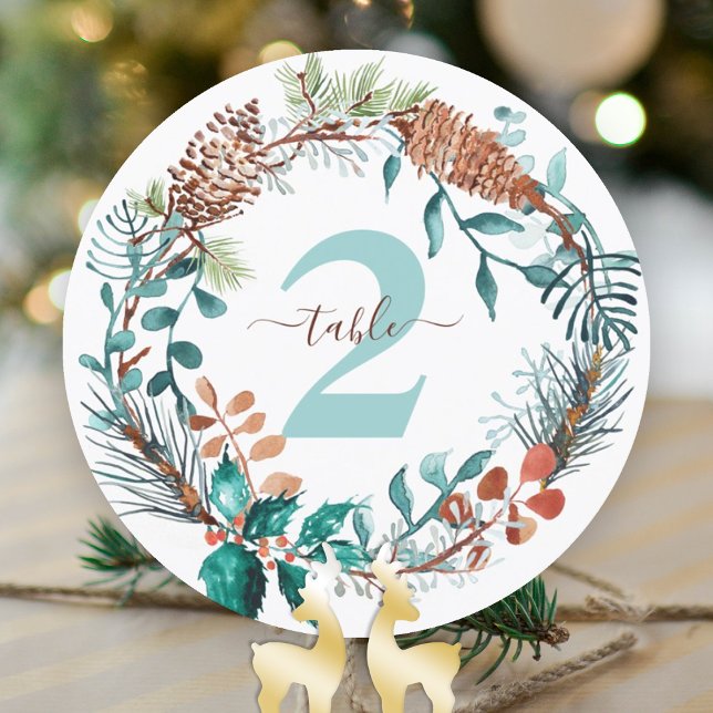 Invitation Numéro du tableau de la couronne de pin vert Eucal (winter wedding rustic pine needles eucalyptus table numbers table top sign pinecones green brown)