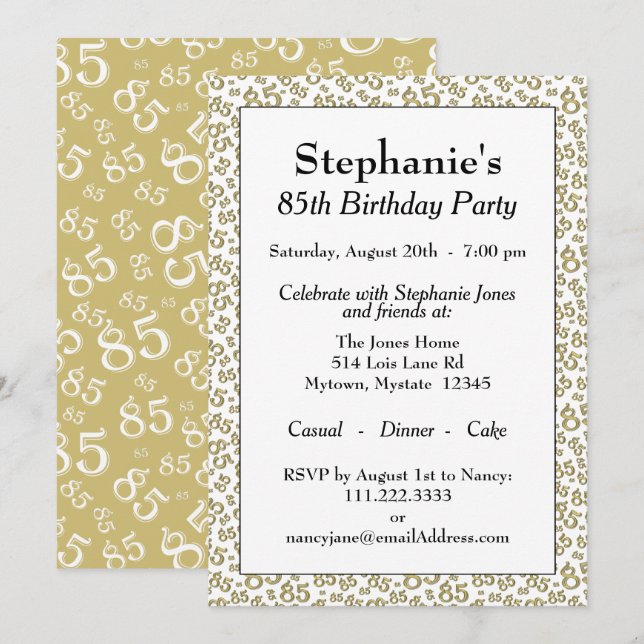 Invitation Numéro Motif 85 Cool Anniversaire Gold/White (Devant / Derrière)