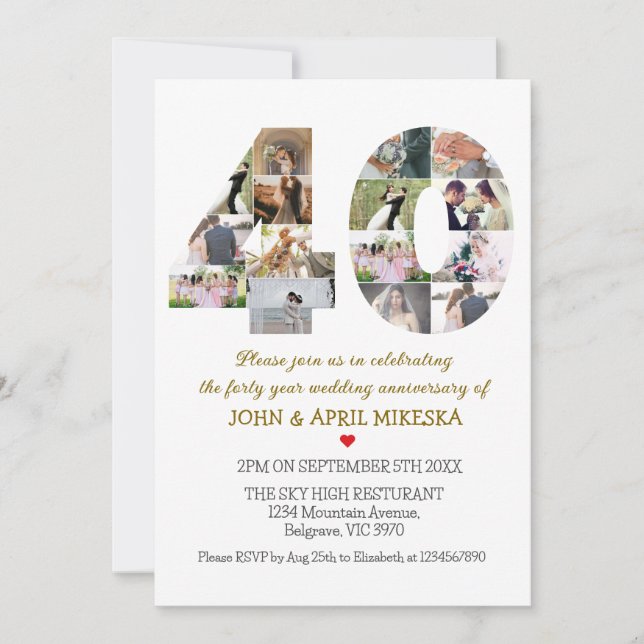 Invitation Numéro Quarante ans de Mariage photo personnalisé (Devant)