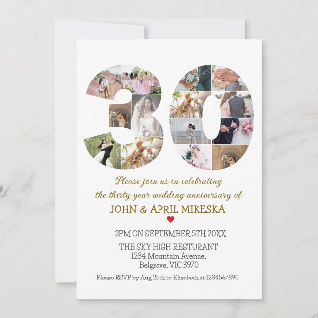 Invitation Numéro Trente ans de Mariage photo personnalisé (Devant)