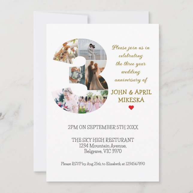 Invitation Numéro Trois Anniversaire du Mariage photo personn (Devant)