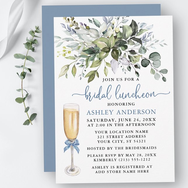 Invitation Nuptiale Luncheon Aquarelle Verdure Dusty Blue Bow (Customize to change your personalized text color, text style or color of back of card.)