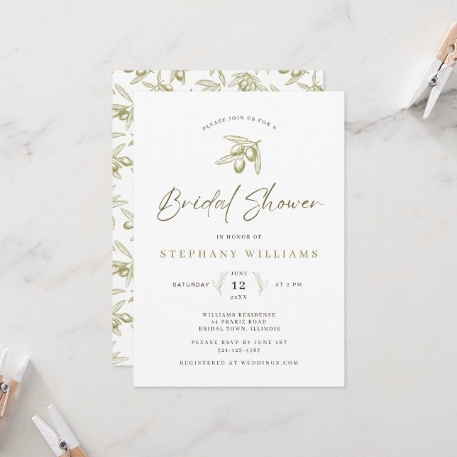 Invitation Nuptiale Méditerranéenne Olive Douche (Devant/Arrière en situation)