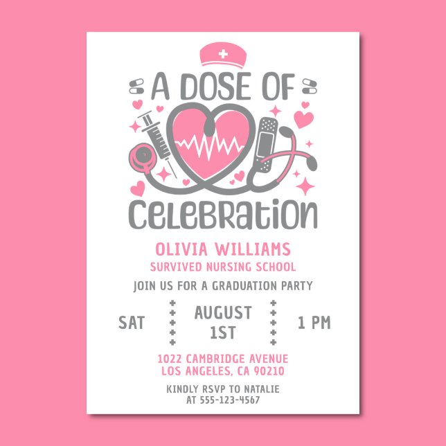 Invitation Nurse Graduation Party RN Modern Rose & Grey (Modern pink and gray graduation party invitation)
