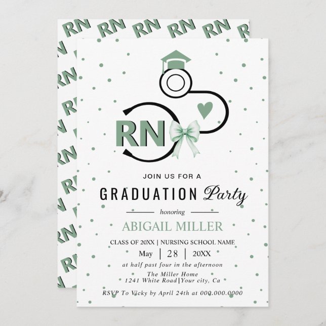 Invitation Nursing shool stethoscope green RN graduation (Devant / Derrière)