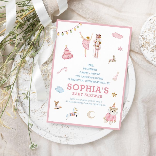 Invitation Nutcracker Ballerina Noël Baby shower rose (Créateur téléchargé)