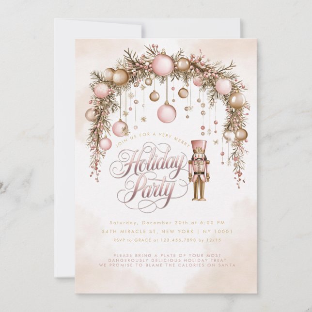 Invitation Nutcracker Rose Gold Ornements Pink Holiday Party (Devant)