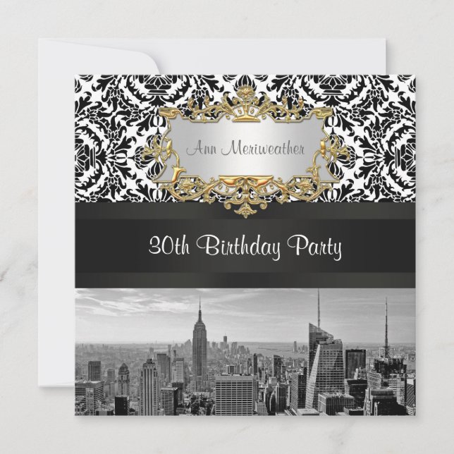 Invitation NY City Skyline BW 431 Damask Birthday Party (Devant)