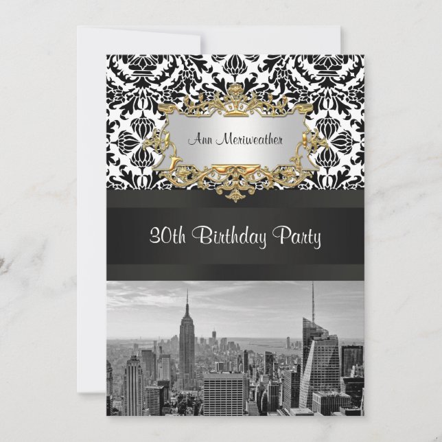 Invitation NY City Skyline BW 431 Damask Birthday Party V (Devant)